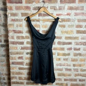 UO Black Silk Corset Open Back Bow Dress